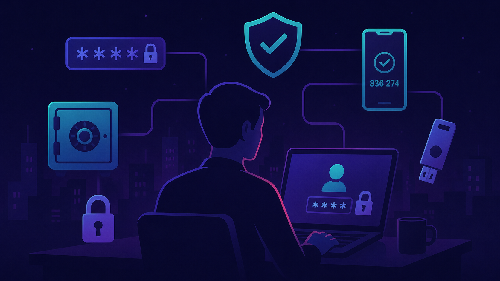 Illustration of a founder at a laptop surrounded by personal cybersecurity icons — email, phone, passwords, SIM card, and security shield