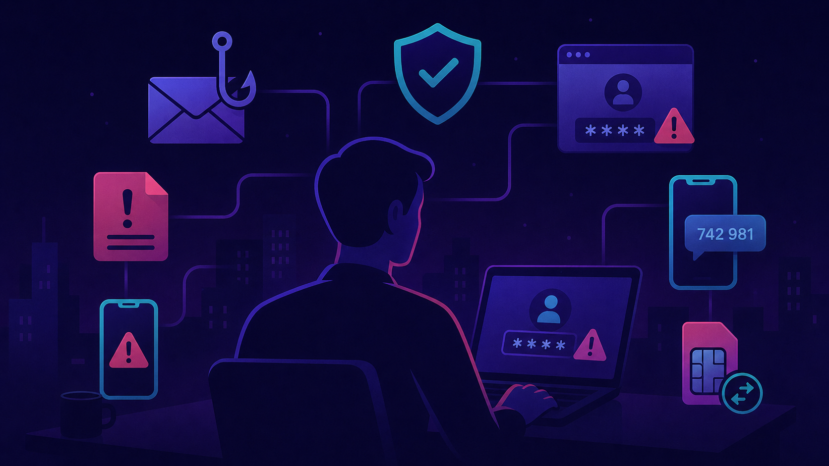 Illustration of a founder facing phishing and SIM-swap attack vectors - fake login page on a laptop and a SIM card being
intercepted