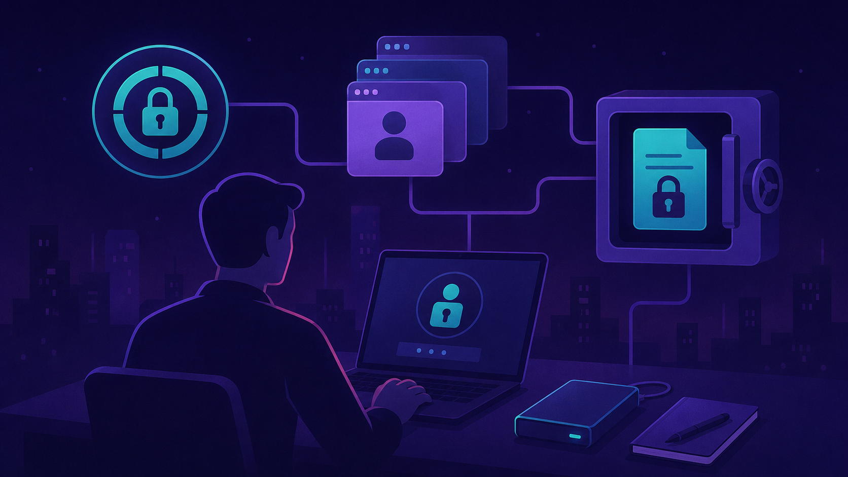 Cover illustration: a founder’s laptop, an external SSD, and a notebook - surrounded by icons of full-disk encryption, browser profiles, and an encrypted note locked inside a vault