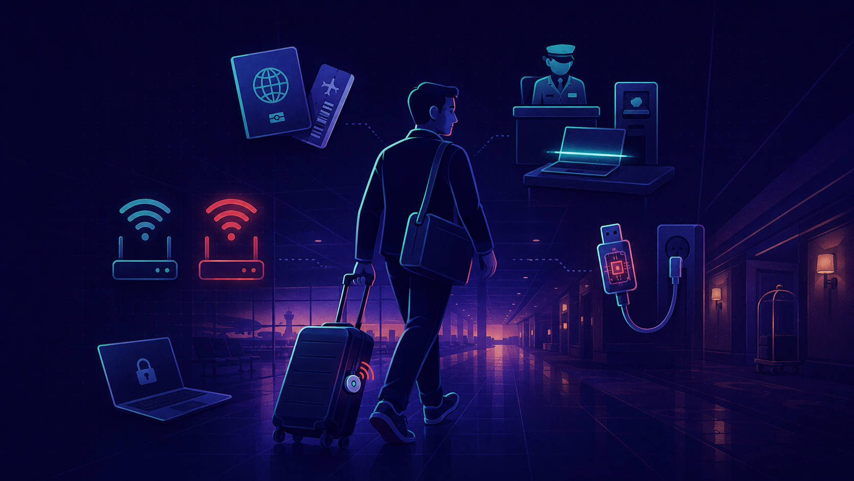 A founder&rsquo;s passport, boarding pass and laptop bag, ringed by icons for border control, hotel Wi-Fi, a USB cable and an AirTag