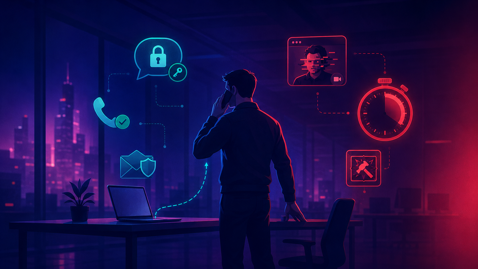 Cover illustration: a founder at a laptop, a Signal-style chat bubble and a phone handset on one side, a red incident-response stopwatch counting down on the other - with icons of a leaked group chat, a deepfake video call, and a &ldquo;break glass&rdquo; emergency channel
